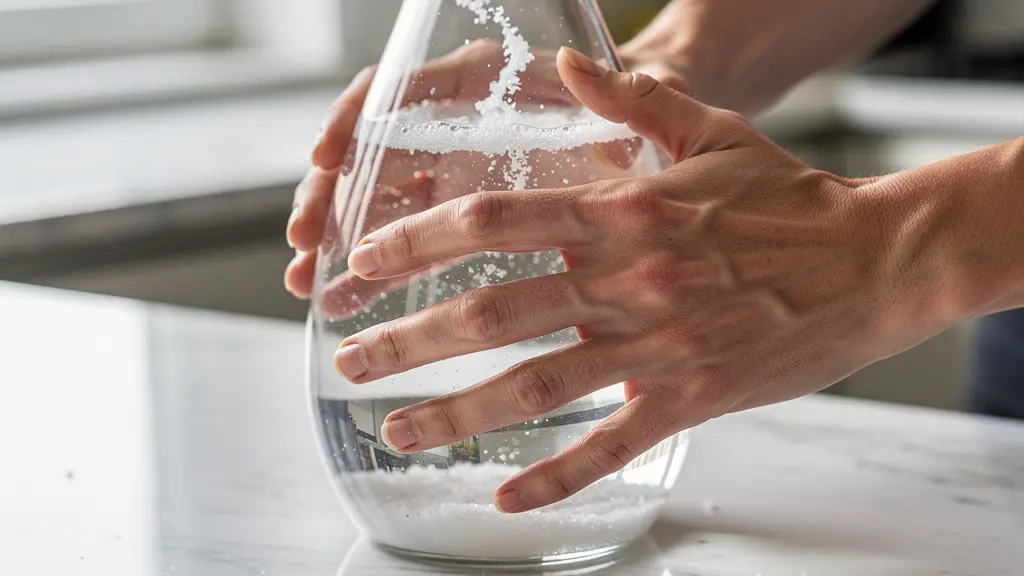 Carafe à décanter en cours de nettoyage avec eau et gros sel visible à l'intérieur, mains tenant la base partiellement visibles