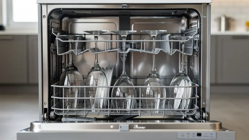 Verres à vin placés tête en bas dans le panier supérieur d'un lave-vaisselle moderne ouvert, chargement correct visible