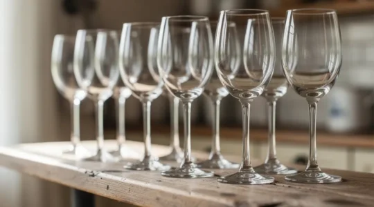 Rangée de verres à vin cristallins étincelants sur étagoire en bois, lumière naturelle traversant le verre transparent impeccable