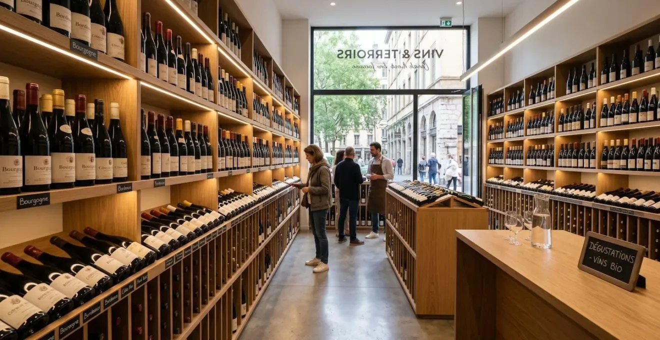 Cave à vin contemporaine avec étagères murales en bois clair, bouteilles alignées, éclairage indirect LED, ambiance professionnelle épurée