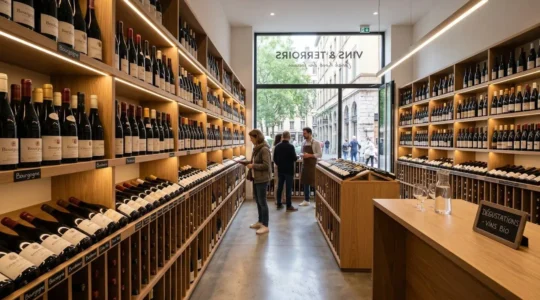 Cave à vin contemporaine avec étagères murales en bois clair, bouteilles alignées, éclairage indirect LED, ambiance professionnelle épurée