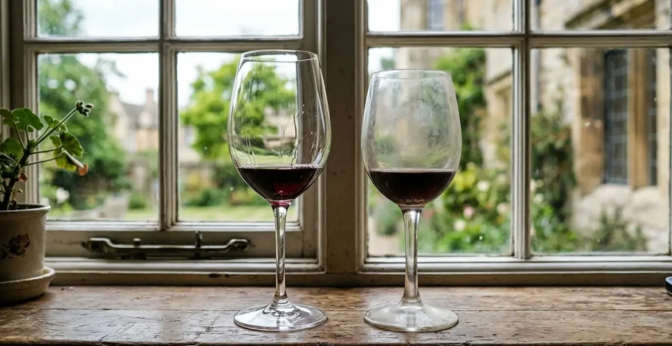 Deux verres à vin côte à côte devant une fenêtre, l'un très brillant, l'autre plus terne, lumière naturelle créant des reflets différents
