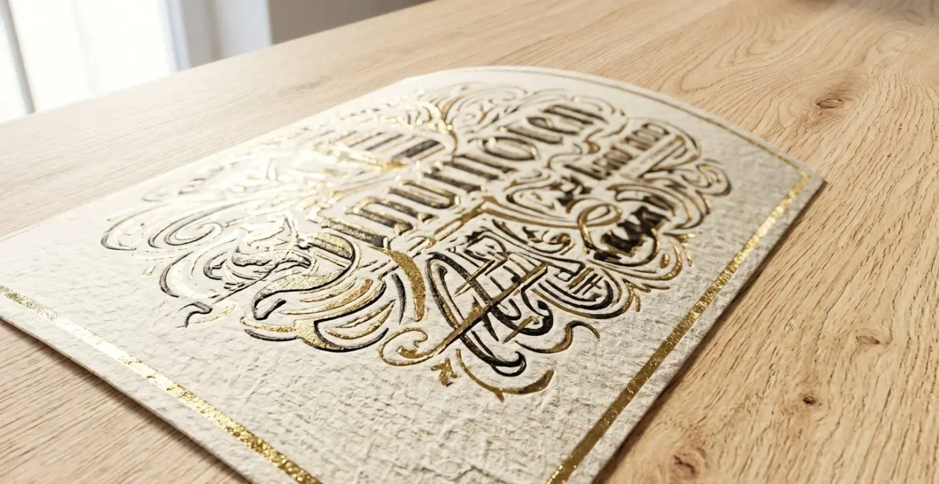 Détail macro d'une étiquette de champagne sur bouteille verte, reflets dorés, surface en bois clair contemporain, typographie floue