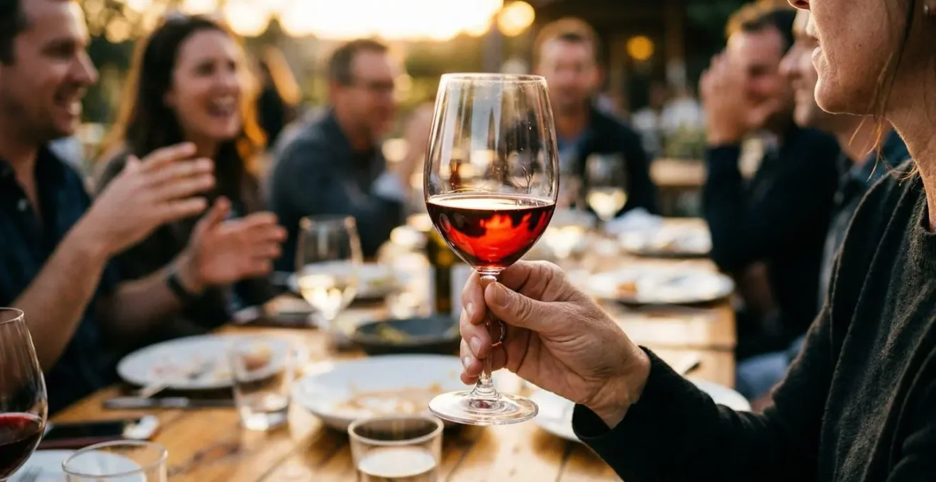 Une main tient délicatement un verre de vin rouge traversé par la lumière naturelle de fin de journée, arrière-plan flou d'une table conviviale