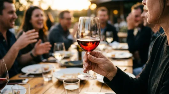 Une main tient délicatement un verre de vin rouge traversé par la lumière naturelle de fin de journée, arrière-plan flou d'une table conviviale