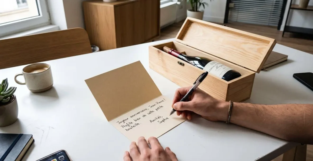 Vue de dessus sur des mains écrivant à l'encre noire sur une carte blanche posée à côté d'un coffret en bois ouvert contenant une bouteille, bureau contemporain épuré, lumière naturelle