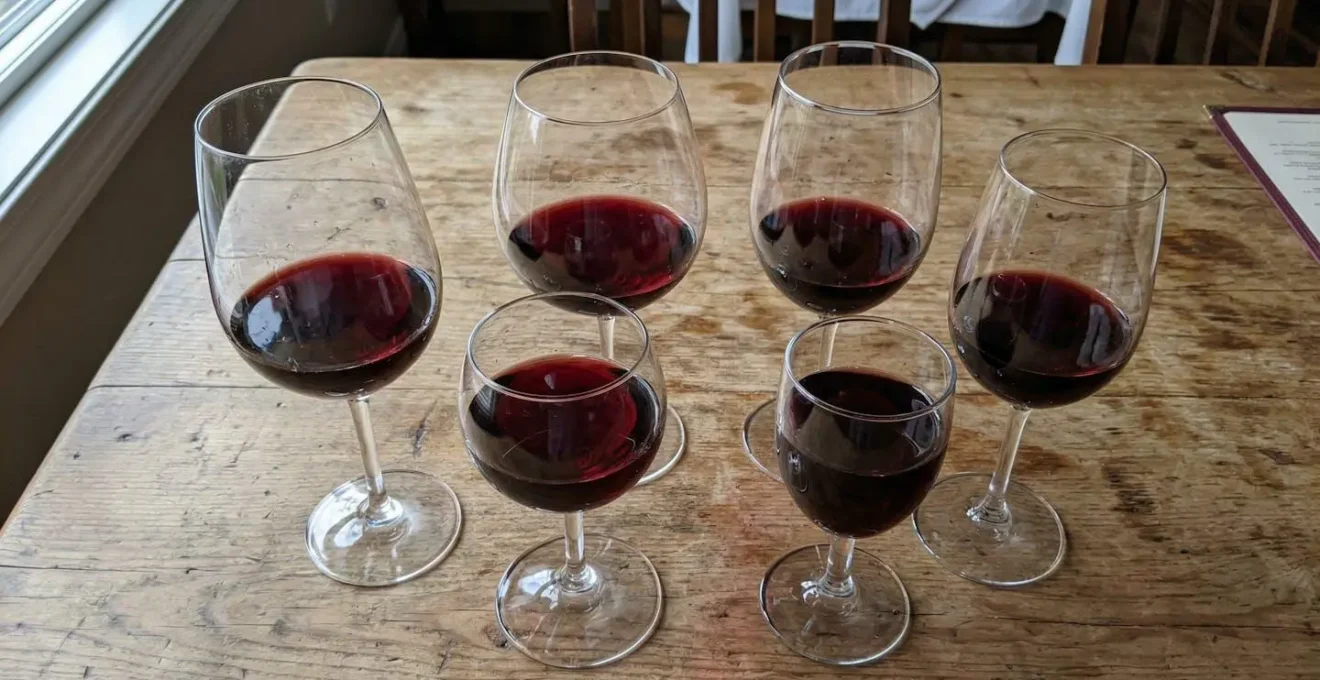 Vue plongeante sur plusieurs verres à vin de formes différentes posés sur une table en bois, chacun rempli de la même quantité de vin rouge