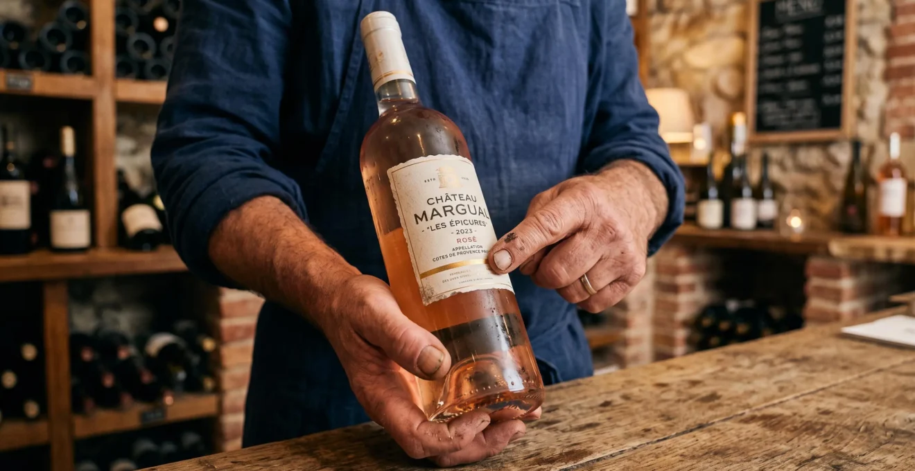 Un caviste pointe du doigt la mention d'appellation sur une bouteille de rosé.