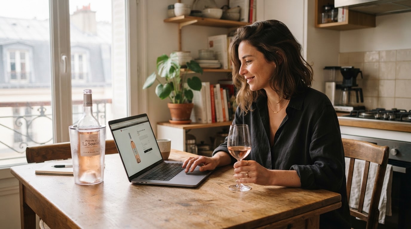 Une personne commande du vin rosé en ligne depuis son ordinateur portable à domicile.