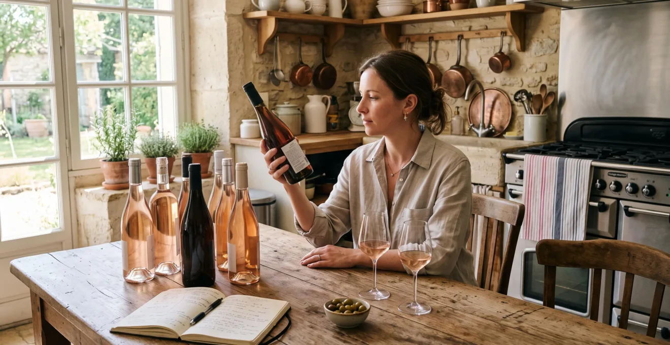 Une personne examine attentivement l'étiquette d'une bouteille de vin rosé dans sa cuisine.
