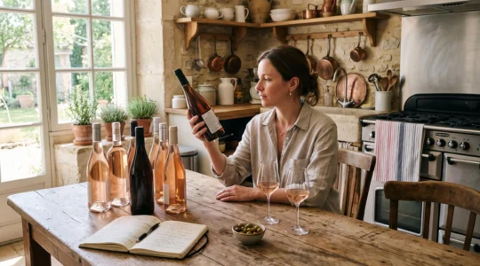 Une personne examine attentivement l'étiquette d'une bouteille de vin rosé dans sa cuisine.